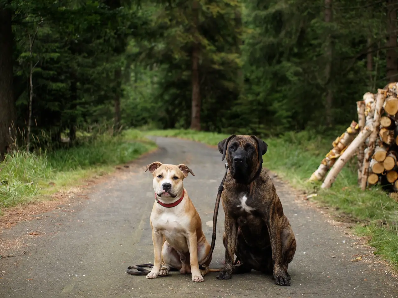 Dwa psy na leśnej drodze — od zawsze razem