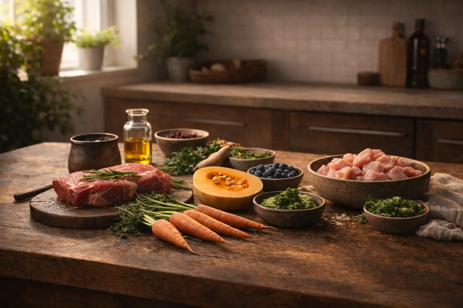 Drewniany stół z surowymi składnikami: mięso, warzywa, zioła